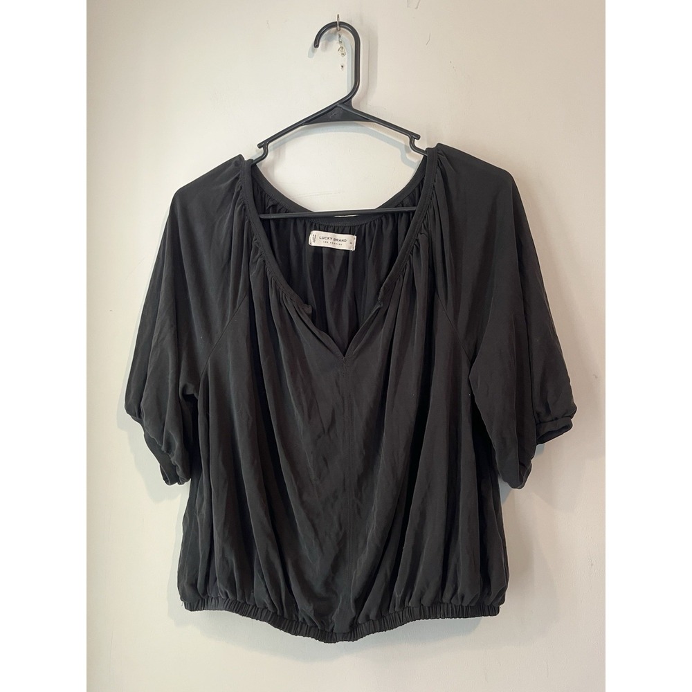 Lucky Brand Black Balloon‎ Short Sleeve Top Pullover Blouse Draping Slinky Med